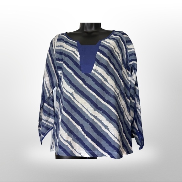 Herion Italy Sheer Blue White Diagonal Striped Tunic Blouse Size 40 (US 10) - Picture 2 of 7